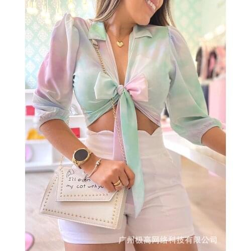 Womens 2021 new summer green lace-up shirt top