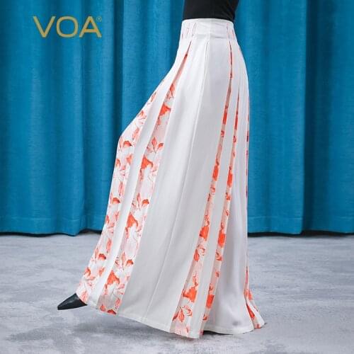 VOA Heavyweight Silk Milk White Waist Pleated Contrast Fabric Stitching Red Leaf Printed Loose Wide Leg Pants for Women KE277