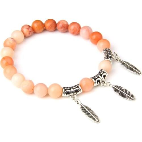 Women Natural Stone Beads Bracelet Antique Small Leaf Cross Feather Pendant Bracelet For women Hand Armband Jewelry Bileklik