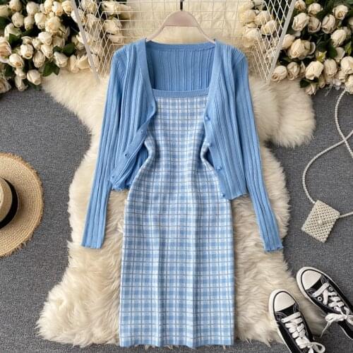 Knitted Two Piece Set Women Crop Top + Sexy Spaghetti Strap Plaid Dress Suits Sweet Long Sleeve Sweater Cardigan 2 Piece Suits