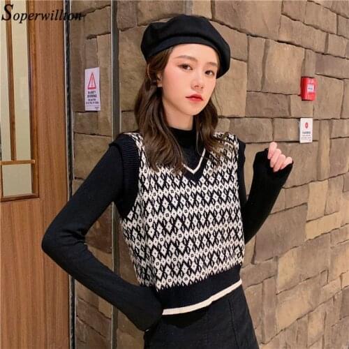 Sleeveless Sweater Vest Women Knit Pullover Female Knitting Tops Lady Korean Fall Autumn Black White Print Hit Color Fashion