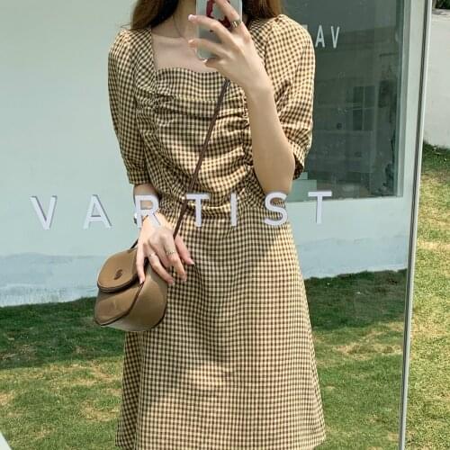 2020 Women Summer Square Collar Plaid Dress Slim Waist Chest-drawstring Pleat Dresses Knee Length