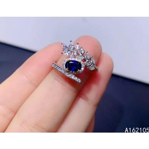 925 pure silver Chinese style natural Sapphire womens noble elegant exquisite plant adjustable gem ring fine jewelry support de
