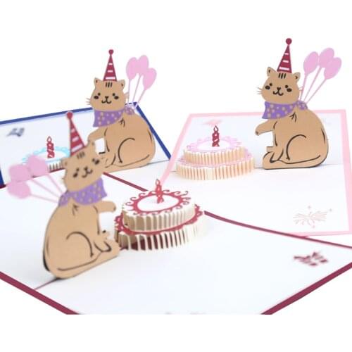 10pcs Wholesale 3D Handmade Cartoon Cat Birthday Cake Paper Invitation Greeting Card Postcard Kids Pet Birthday Creative Gift