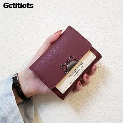 2021 Wallets Women Card Holder Cute Panelled Short PU Leather Clutch Wallet Chic Ins Mini Purse Ladies Cat Korean Bag Fashion