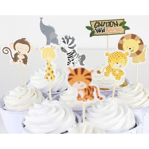 24pcs Jungle Party Safari Cupcake Toppers Baby Shower Party Elephant/Lion/Tiger/Dinosaur Decorations Animal Party Cake Toppers