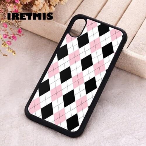 Iretmis 5 5S SE Phone Cover Case for iPhone 6 6S 7 8 Plus X Xs XR 11 12 Mini Pro Max Rubber Silicone Pink Black Argyle Pattern