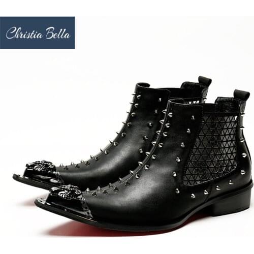 Christia Bella Winter Men Rivets Shoes Genuine Leather Boots Fashion Metal Pointed Toe Boots Plus Size Ankle Chelsea Boots