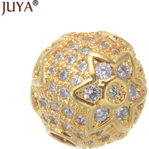 DIY Jewelry Findings Components Micro Pave CZ Rhinestone Copper Metal 10mm Flower Ball Beads For Jewelry Making Round Beads