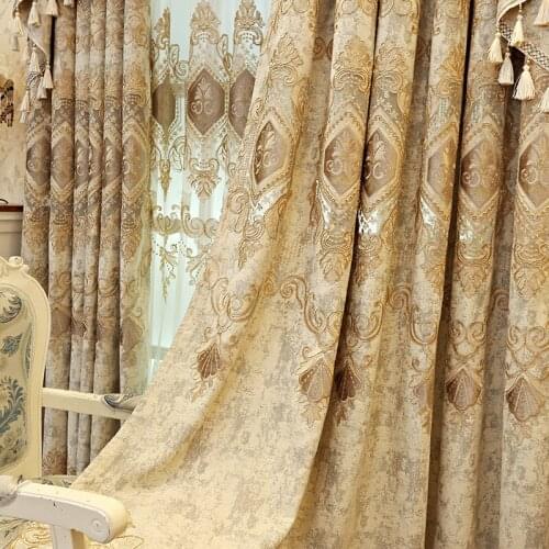 European Luxury Beige Embroidery Curtains for Living Room Thick Chenille Hollow Velvet Villa Fabric French Window Drapes JS284C