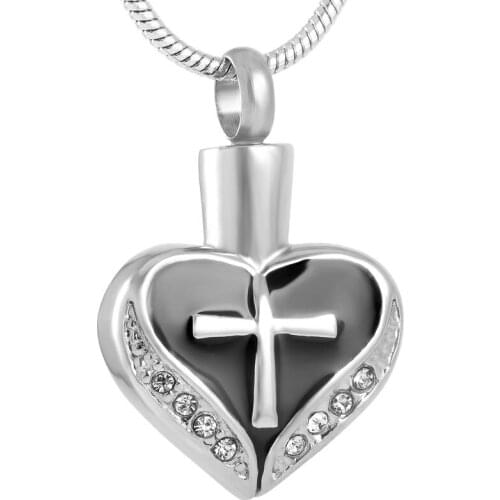 IJD8098 Stainless Steel Heart Shape With Cross Cremation Souvenir Necklace for Ashes Urn Memorial Keepsake Pendant Jewelry
