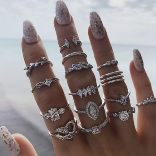 Starose 15 pcs/set Retro Leaf Big Crystal Heart Finger Rings Set Female Open Joint Ring Toe Knuckle Rings for Women Body Jewelry