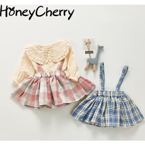 2021 autumn new girls pleated skirt suit girl treasure foreign style suspenders plaid dress + top baby girl clothes set