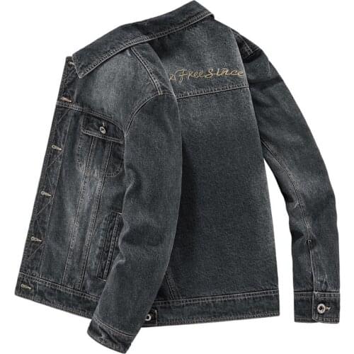New 2021 Cotton Denim Jacket Men Casual Letter Embroidery Lapel Jeans Jackets Men Autumn Slim Fit Hight Quality Mens Coat M-6XL