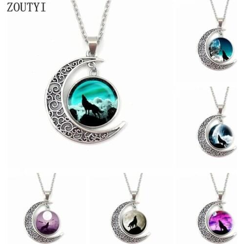 2019/Charming Wolf Totem Round Convex Crystal Pendant Necklace, Moon Necklace Jewelry, Gifts