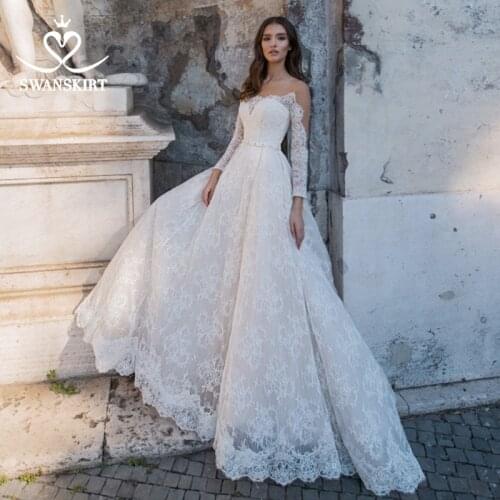 Appliques Long Sleeve Wedding Dress 2021 Boat Neck Crystal A-Line Illusion Bride Gown Princess SwanSarah NY101 Vestido de noiva