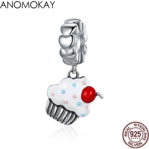 Anomokay 925 Sterling Silver Sweet Cherry Cream Cupcake Pendant Charms fit Bracelets Fine S925 Dangle Jewelry Gift