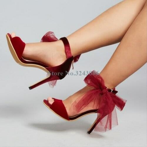 Peep Toe Thin High Heel Sandals Elegant Red Velvet Banquet Stiletto Heel Shoes Mesh Butterfly Knot Wedding Women Shoes