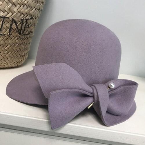 Elegant Formal Women Wool Hat Warm Felt Winter Fedora Hat Pearl Bowknot Cloche Bowler Hat Ladies Party Derby Wedding Church Hat