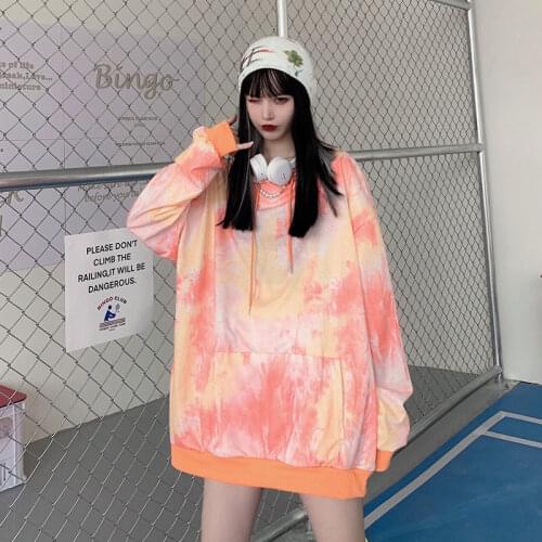 HOT Spring and Autumn Girl Hoodie Korean version Foreign style Student Tops tie-dyed Oversize Loose Show thin All-match Fashion