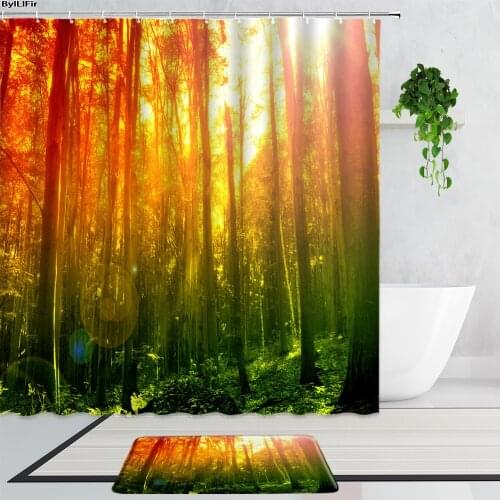 Sunshine Forest Scenery Shower Curtains Summer Green Jungle Tree Vines Natural Landscape Bathroom Curtain Non-Slip Bath Mats Rug
