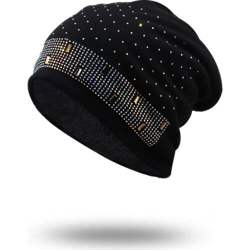 New winter Thick Warm Brimless Fur Bonnet Cap Womens Rhinestones Slouchy Beanie Wool Hat For Girl Female Skull Beanies Cap