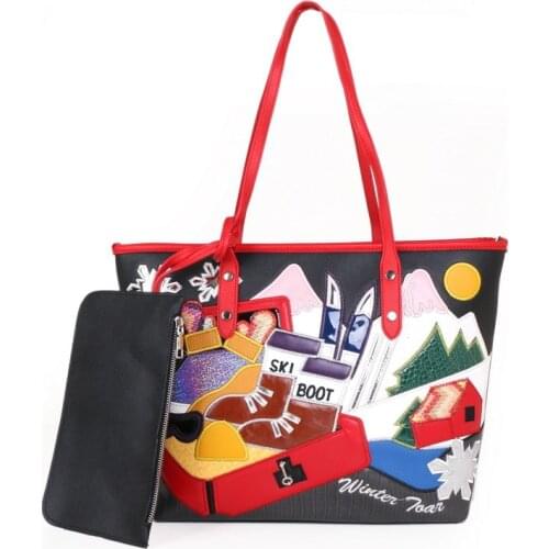 Women Bags Leather Patchwork Embroidery Purse Shoulder Bags Girl Handbags Female Tote Braccialini Style Handmade Art Cartoon Ski