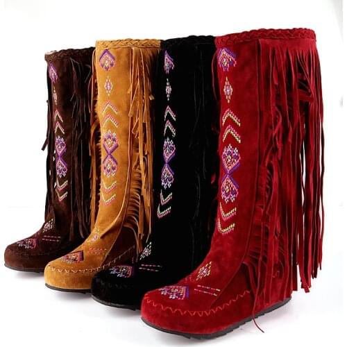 Big size 34-43 women boots fashion Embroidery flowers tassel boots Nubuck Leather Chinese Nation Style Slip-On Knee-High boots