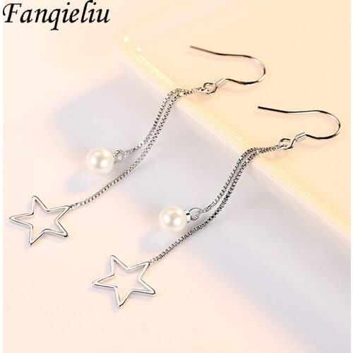 Fanqieliu 2PCS Tassel Long Earrings With Star Pearl Jewelry Sterling Silver 925 Drop Earrings For Women FQL21043