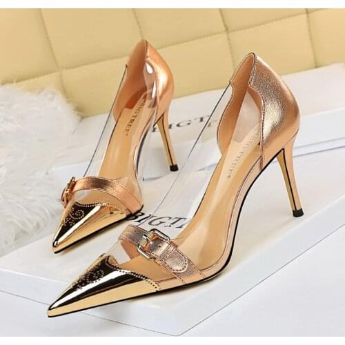 2021 Women 8.5cm High Heels Wedding Bridal Tacons Pointed Toe Metal Pumps Lady Buckle Heels Scarpins Stripper Transparent Shoes