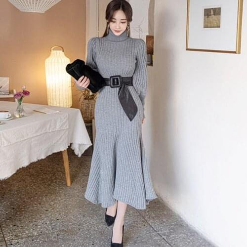 2021 Korean Winter Womens Warm Turtleneck Knitted Dresses Lantern Sleeve Mermaid Dress Elegant Bottoming Vestidos