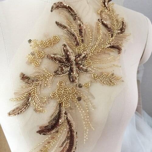 Noble Golden Three-dimensional Beaded Sequin Lace Flower Wedding Dress Veil Accessories DIY Applique