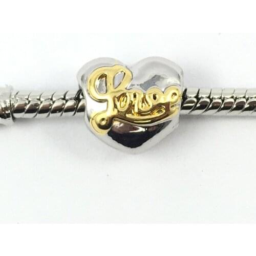 Gold- Lover Heart European Beads Fit Charms Bracelets & Bangles