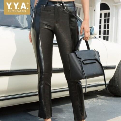Luxury Women Spliced Patent Leather Sheepskin Stretch Trousers Street Classic Black Leisure Genuine Leather Pencil Pants Female