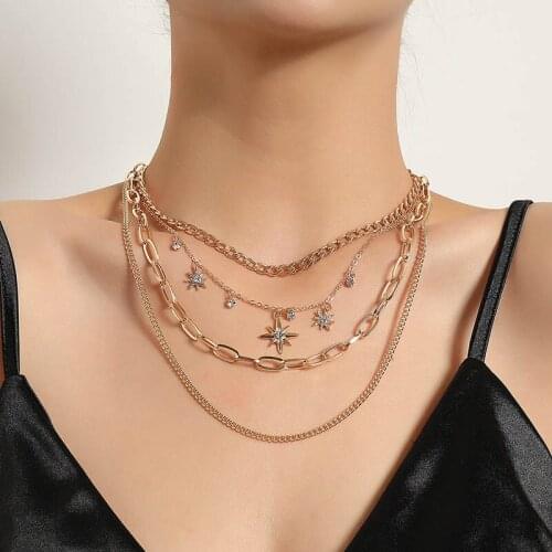 Elegant Multilayer Thick Chains Necklaces for Women Fashion Temperament Rhinestone Star Geometric Pendant Necklace Jewelry Gift