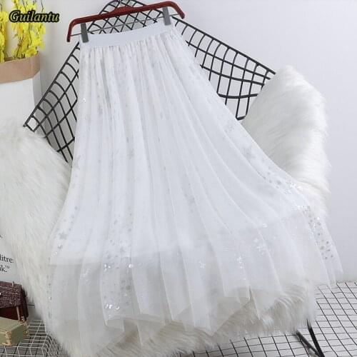 Guilantu 2021 New Mesh Sequined Asymmetrical Long Skirt Women Clothes Korean Fashion Elastic High Waist Tulle Skirts Ladies