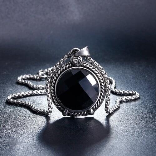 Inlaid Black Crystal Zirconia Glass Stone Necklace Pendant Vintage Stainless Steel Hiphop/Rock Style Jewelry