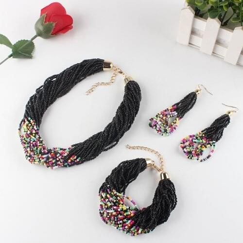 3Pcs Multi Layer Necklace Bracelet Earrings Woman Jewelry Set Bohemian Statement Small Beads Boho Choker Bib Collar Ethnic Gifts