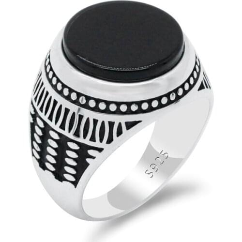 Black Agate Stone Real 925 Sterling Silver Male Ring Wedding Jewelry Ring Turkish Thai Silver Ring Lantern Spot Fashion Ring