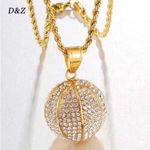 D&Z New Basketball Pendant Necklace Stainess Steel With Rhinestone Gold Color Hip Hop Charm Necklace Bead Jewelry