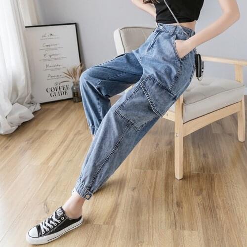 Workwear jeans ladies loose autumn 2019 new Korean version of the high waist small man Harlan pants daddy pants