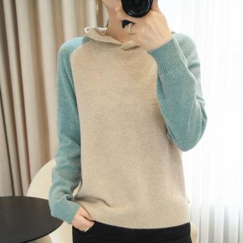 2021 Autumn New Hooded Collar Cashmere Sweater Women Pullover Korean Color-Blocking Loose Hoodie Knit Pure Wool Female Base Top