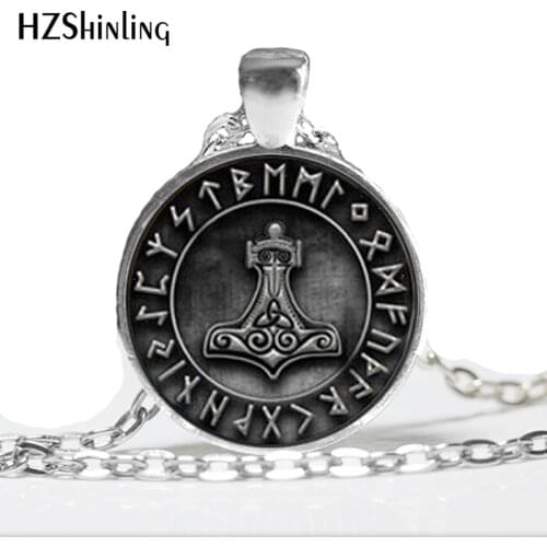 HZ--A433 New Thors Hammer in Rune Circle Necklace Jewelry Glass Cabochon Necklace Pendant HZ1