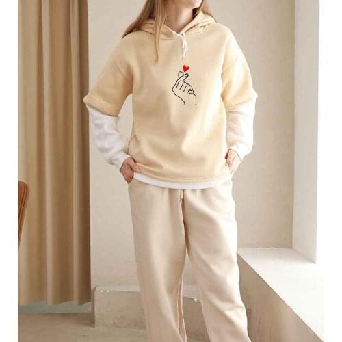 Long Sleeve Fake Two-piece Pullover Sweatshirt Oversized Graphic Hoodies Aesthetic Than Heart Love Korean Fashion Clothing