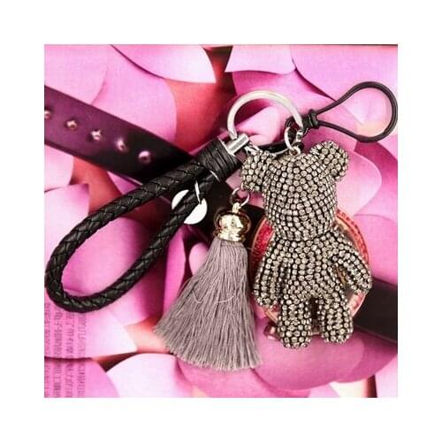 Luxury Bomgom Crystal Popobe Gloomy Bear Strass Keychain Car Key Holder Bag Charm Holder Tassels Leather Strap Key Ring Pendant
