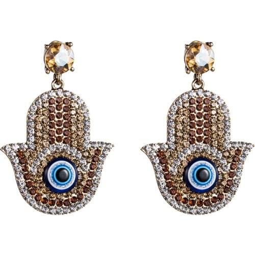 Evil Eye Fatima Hand Rhinestone Long Drop Earrings Exaggerate Creative Turkish Fashion Zircon Dangle Earring Women Party Jewelry