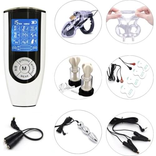 USB Charging Host Electric Shock Vagina Anal Butt Plug Electric Stimulation Nipple Clamps Cock Cage Scrotum Sleeve Adult Sex Toy