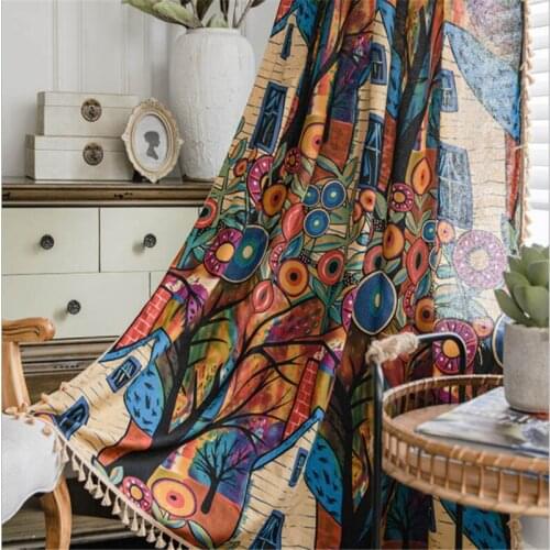 Kitchen Window Curtain Finished Tassels Bohemian Ethnic Sheer Curtains Printed House Door Cabinet Window Drapes Blinds X-JD1101