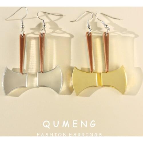 QUMENG Halloween Funny Gold mirror Axe Acrylic Drop Earrings for Women Fashion Dangle hiphop Jewelry Holiday Party Gift