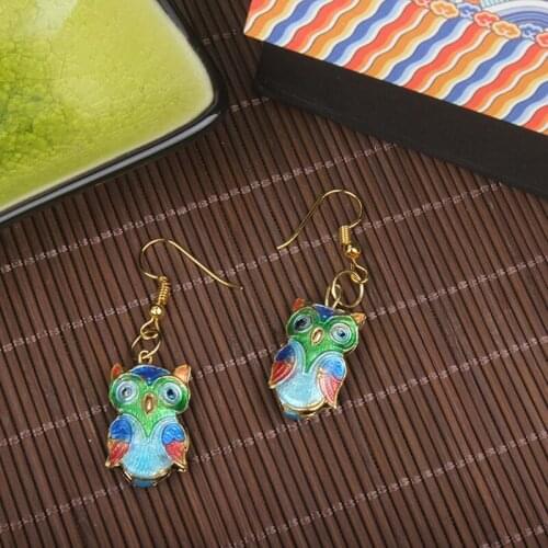 Handmade Colorful Enamel Cute Owl Earring Cloisonne Filigree Eardrop Women Accessories Ear Dangle Animal Copper Jewelry